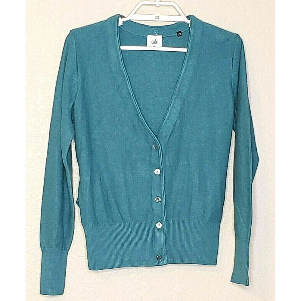 CAbi #3018 Sweater Cardigan Med Teal V-Neck Button Front Back Belt Cotton/Rayon